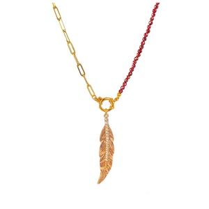Paperclip chain Garnet Necklace Gold half and half choker front feather pendant